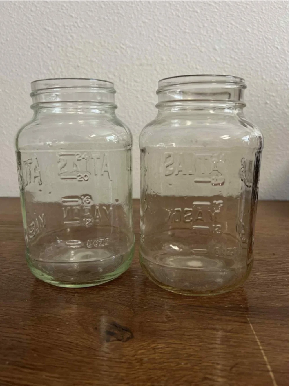 Pair of Vintage Atlas Mason Jars Green Tint & Smoky Clear Glass Farmhouse Decor
